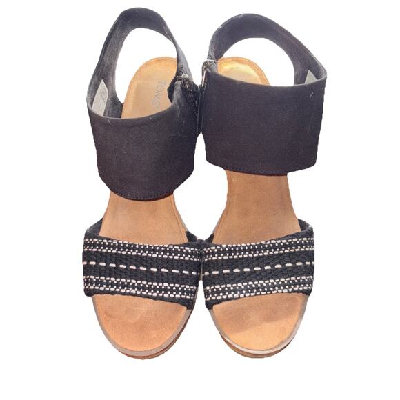 TOMS Majorca Black White Embroidered Chunky Heel Sandals Size 10 Pre-Owned - Picture 1 of 11